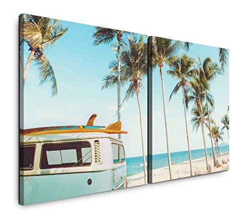Paul Sinus Art GmbH Vintage Auto auf Einem tropischem Strand 120x60cm - 2 Wandbilder je 60x60cm Kunstdruck modern Wandbilder XXL Wanddekoration Design Wand Bild