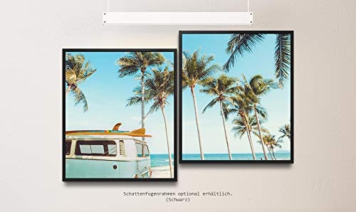 Paul Sinus Art Vintage Auto auf Einem tropischem Strand 130 x 90 cm (2 Bilder ca. 75x65cm) Leinwandbilder fertig im Schattenfugenrahmen SCHWARZ Kunstdruck XXL modern