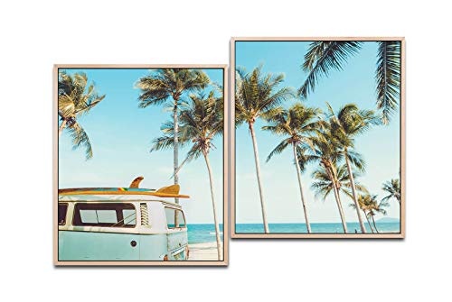 Paul Sinus Art Vintage Auto auf Einem tropischem Strand 130 x 90 cm (2 Bilder ca. 75x65cm) Leinwandbilder fertig im Schattenfugenrahmen Natur Kunstdruck XXL modern