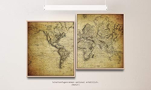 Paul Sinus Art Vintage Landkarte 130 x 90 cm (2 Bilder ca. 75x65cm) Leinwandbilder fertig im Schattenfugenrahmen Natur Kunstdruck XXL modern