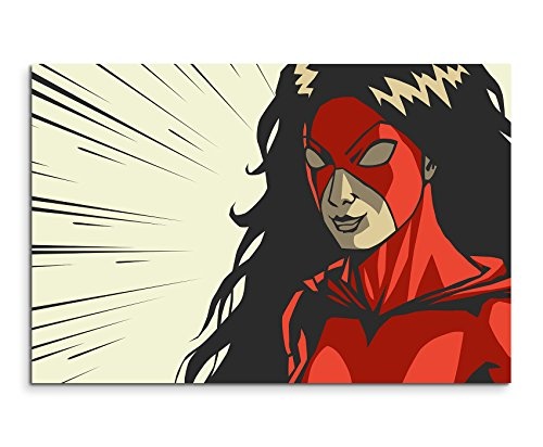 Paul Sinus Art Kunstfoto auf Leinwand 60x40cm Superheldin mit Roter Maske im Comic Stil auf Leinwand Exklusives Wandbild Moderne Fotografie für Ihre Wand in Vielen Größen