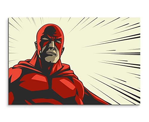 Paul Sinus Art Kunstfoto auf Leinwand 60x40cm Superheld mit Roter Maske im Comic Stil auf Leinwand Exklusives Wandbild Moderne Fotografie für Ihre Wand in Vielen Größen