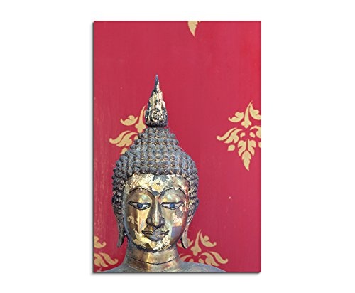 Fotoleinwand 90x60cm Künstlerische Fotografie - Buddha Kopf mit rotem Hintergrund