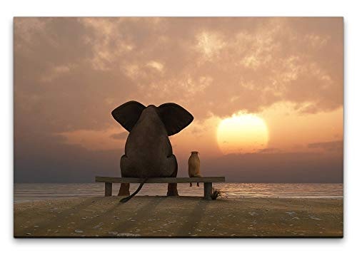 Paul Sinus Art Elefant und Hund schauen in Sonnenuntergang 120x 80cm Inspirierende Fotokunst in Museums-Qualität für Ihr Zuhause als Wandbild auf Leinwand in
