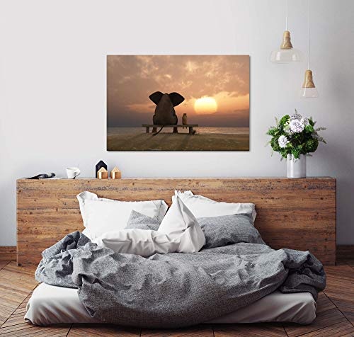 Paul Sinus Art Elefant und Hund schauen in Sonnenuntergang 120x 80cm Inspirierende Fotokunst in Museums-Qualität für Ihr Zuhause als Wandbild auf Leinwand in