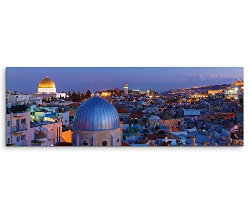 Paul Sinus Art 150x50cm Leinwandbild auf Keilrahmen Israel Jerusalem Tempel Nacht Lichter Wandbild auf Leinwand als Panorama