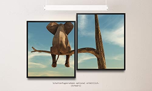 Paul Sinus Art Elefant auf Einem Baum 130 x 90 cm (2 Bilder ca. 75x65cm) Leinwandbilder fertig im Schattenfugenrahmen SCHWARZ Kunstdruck XXL modern