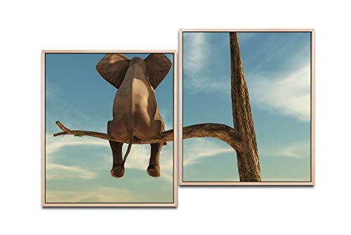 Paul Sinus Art Elefant auf Einem Baum 130 x 90 cm (2 Bilder ca. 75x65cm) Leinwandbilder fertig im Schattenfugenrahmen Natur Kunstdruck XXL modern