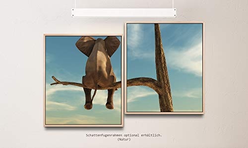 Paul Sinus Art Elefant auf Einem Baum 130 x 90 cm (2 Bilder ca. 75x65cm) Leinwandbilder fertig im Schattenfugenrahmen Natur Kunstdruck XXL modern