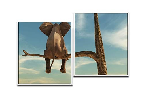 Paul Sinus Art Elefant auf Einem Baum 130 x 90 cm (2 Bilder ca. 75x65cm) Leinwandbilder fertig im Schattenfugenrahmen Weiss Kunstdruck XXL modern