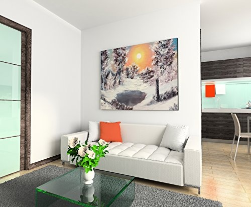 Paul Sinus Art Kunstfoto auf Leinwand 60x40cm Malerische Winterlandschaft am See auf Leinwand Exklusives Wandbild Moderne Fotografie für Ihre Wand in Vielen Größen