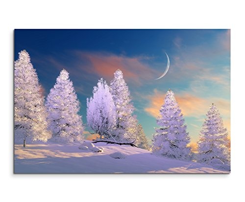 XXL Fotoleinwand 120x80cm Landschaftsfotografie - Baumgruppe im Schnee mit Mond auf Leinwand exklusives Wandbild moderne Fotografie für ihre Wand in vielen Größen
