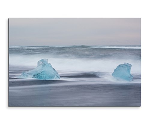 Paul Sinus Art Kunstfoto auf Leinwand 60x40cm Landschaftsfotografie - Eisschollen im Meer, Island auf Leinwand Exklusives Wandbild Moderne Fotografie für Ihre Wand in Vielen Größen