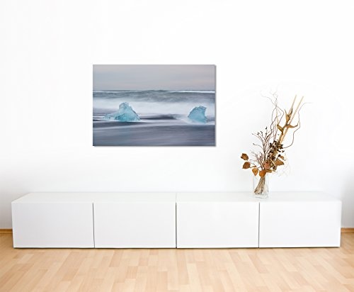 Paul Sinus Art Kunstfoto auf Leinwand 60x40cm Landschaftsfotografie - Eisschollen im Meer, Island auf Leinwand Exklusives Wandbild Moderne Fotografie für Ihre Wand in Vielen Größen