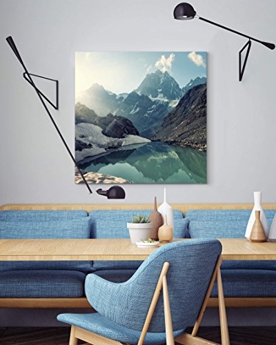 Paul Sinus Art Leinwandbilder | Bilder Leinwand 90x90cm Bergsee mit Hohen Berggipfeln