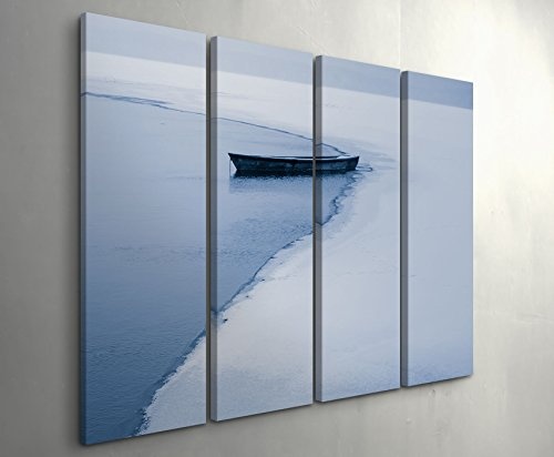 Paul Sinus Art Leinwandbilder | Bilder Leinwand 130x90cm 4 Teile einsames Boot auf gefrorenem See