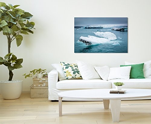 Paul Sinus Art Kunstfoto auf Leinwand 60x40cm Landschaftsfotografie - Treibende Eisschollen, Island auf Leinwand Exklusives Wandbild Moderne Fotografie für Ihre Wand in Vielen Größen