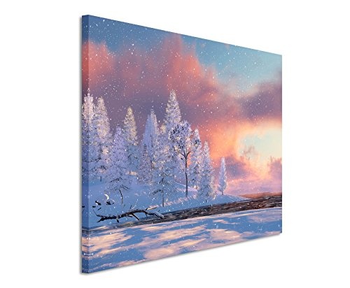 Paul Sinus Art Kunstfoto auf Leinwand 60x40cm Landschaftsfotografie - Baumgruppe im Schnee mit Sonne auf Leinwand Exklusives Wandbild Moderne Fotografie für Ihre Wand in Vielen Größen