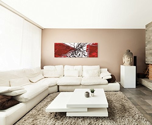 150x50cm Panoramabild abstrakt Leinwanddruck Kunstdruck Wandbild rot schwarz weiß Striche