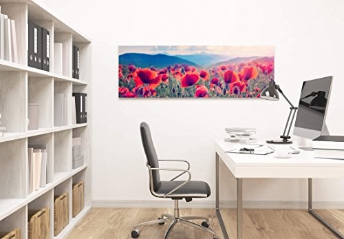 Bergwiese mit Mohnblumen - Panoramabild auf Leinwand in 150x50cm