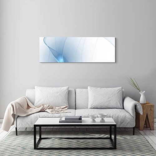 Abstraktes Bild - hauchdünnes blaues Muster auf weißem Untergrund - Panoramabild auf Leinwand in 120x40cm