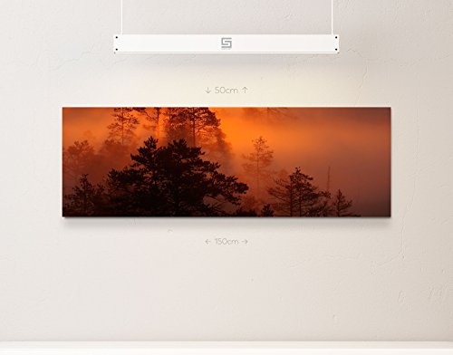 Sonnenaufgang über dem Wald - warme Farben - Panoramabild auf Leinwand in 120x40cm