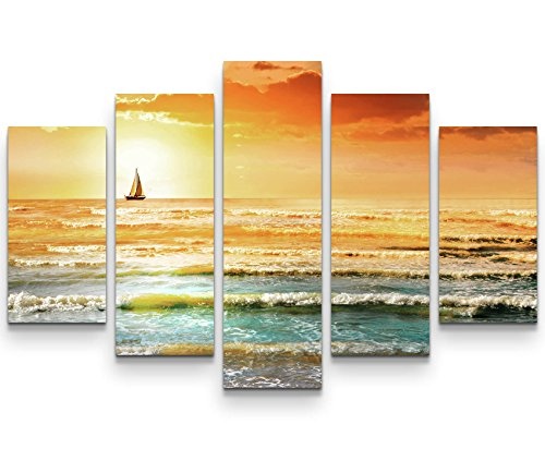 Fotografie - Meerblick mit Segelboot bei Sonnenuntergang102 teiliges Wandbild auf Leinwand (Gesamtmaß: 150x100cm)