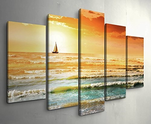 Fotografie - Meerblick mit Segelboot bei Sonnenuntergang102 teiliges Wandbild auf Leinwand (Gesamtmaß: 150x100cm)