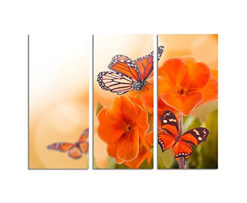 130x90cm - KUNSTDRUCK orange Primel Schmetterling Frühling 3teiliges Wandbild auf Leinwand und Keilrahmen - Fotobild Kunstdruck Artprint