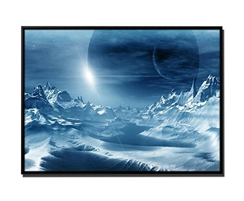 105x75cm Wandbild - Farbe Blau Petrol - auf Leinwand inkusive Schattenfugenrahmen schwarz - Computer Artwork Alien Planet