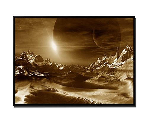 105x75cm Wandbild - Farbe Sepia - auf Leinwand inkusive Schattenfugenrahmen schwarz - Computer Artwork Alien Planet