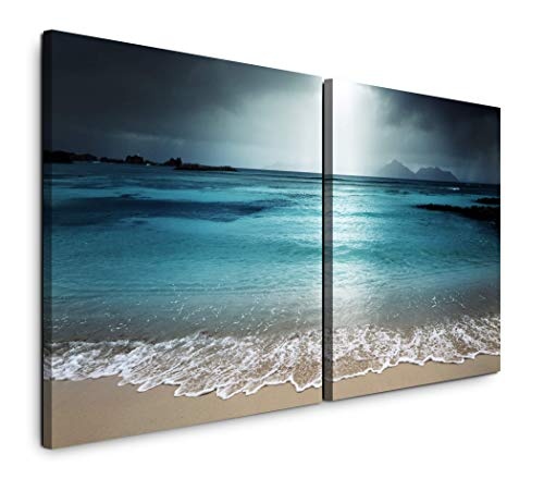 Paul Sinus Art GmbH Meer mit Strand 120x60cm - 2 Wandbilder je 60x60cm Kunstdruck modern Wandbilder XXL Wanddekoration Design Wand Bild