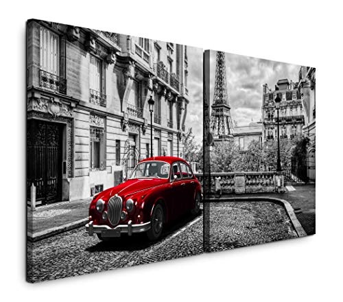 Paul Sinus Art GmbH Retro rotes Auto in Paris 120x60cm - 2 Wandbilder je 60x60cm Kunstdruck modern Wandbilder XXL Wanddekoration Design Wand Bild