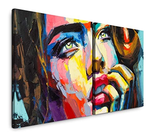 Paul Sinus Art GmbH Frau in bunt 120x60cm - 2 Wandbilder je 60x60cm Kunstdruck modern Wandbilder XXL Wanddekoration Design Wand Bild