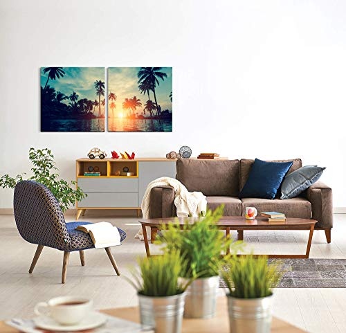 Paul Sinus Art GmbH schöne Tropische Palmen 120x60cm - 2 Wandbilder je 60x60cm Kunstdruck modern Wandbilder XXL Wanddekoration Design Wand Bild