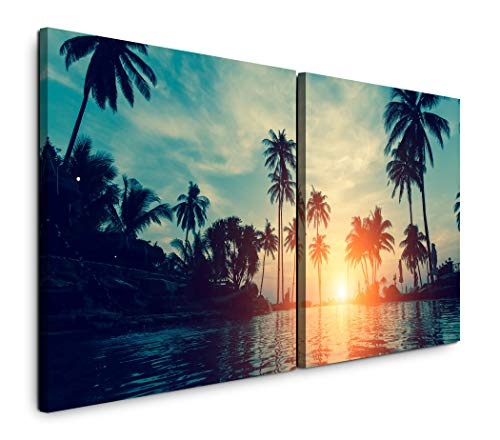 Paul Sinus Art GmbH schöne Tropische Palmen 120x60cm - 2 Wandbilder je 60x60cm Kunstdruck modern Wandbilder XXL Wanddekoration Design Wand Bild