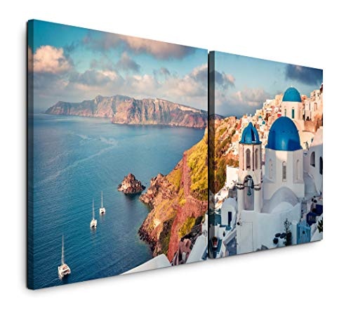 Paul Sinus Art GmbH Santorini Insel 120x60cm - 2 Wandbilder je 60x60cm Kunstdruck modern Wandbilder XXL Wanddekoration Design Wand Bild