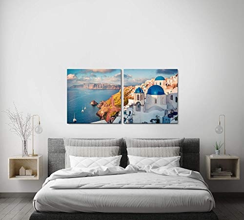 Paul Sinus Art GmbH Santorini Insel 120x60cm - 2 Wandbilder je 60x60cm Kunstdruck modern Wandbilder XXL Wanddekoration Design Wand Bild