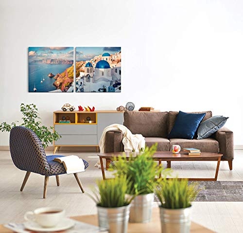 Paul Sinus Art GmbH Santorini Insel 120x60cm - 2 Wandbilder je 60x60cm Kunstdruck modern Wandbilder XXL Wanddekoration Design Wand Bild