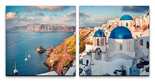 Paul Sinus Art GmbH Santorini Insel 120x60cm - 2 Wandbilder je 60x60cm Kunstdruck modern Wandbilder XXL Wanddekoration Design Wand Bild