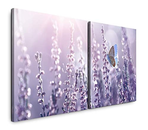 Paul Sinus Art GmbH Lavendel und Schmetterlinge 120x60cm - 2 Wandbilder je 60x60cm Kunstdruck modern Wandbilder XXL Wanddekoration Design Wand Bild