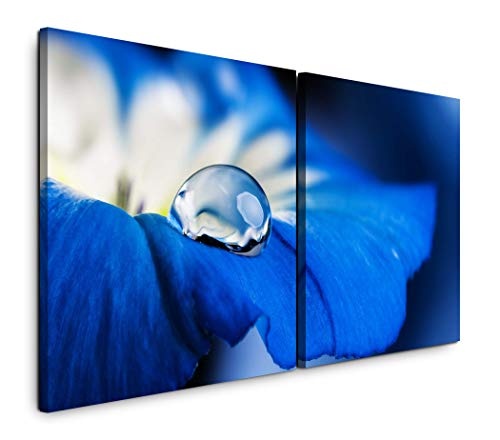 Paul Sinus Art GmbH Blaue Blume 120x60cm - 2 Wandbilder je 60x60cm Kunstdruck modern Wandbilder XXL Wanddekoration Design Wand Bild