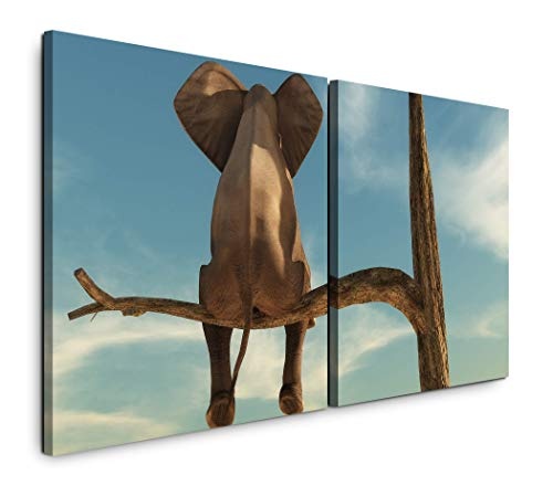 Paul Sinus Art GmbH Elefant auf Einem Baum 120x60cm - 2 Wandbilder je 60x60cm Kunstdruck modern Wandbilder XXL Wanddekoration Design Wand Bild
