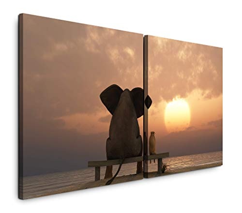 Paul Sinus Art GmbH Elefant und Hund schauen in Sonnenuntergang 120x60cm - 2 Wandbilder je 60x60cm Kunstdruck modern Wandbilder XXL Wanddekoration Design Wand Bild