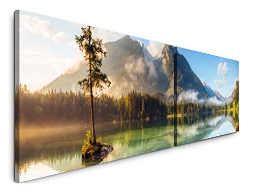 Paul Sinus Art schöner See an den Alpen 180x50cm - 2 Wandbilder je 50x90cm - Kunstdrucke - Wandbild - Leinwandbilder fertig auf Rahmen