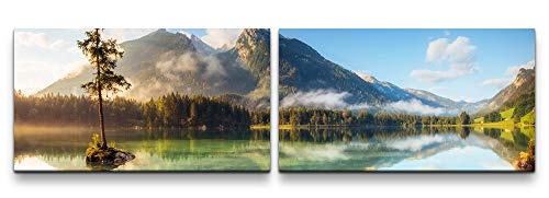 Paul Sinus Art schöner See an den Alpen 180x50cm - 2 Wandbilder je 50x90cm - Kunstdrucke - Wandbild - Leinwandbilder fertig auf Rahmen