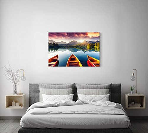 Paul Sinus Art Leinwandbilder | Bilder Leinwand 120x80cm Bergsee in der Hohen Tatra mit Booten