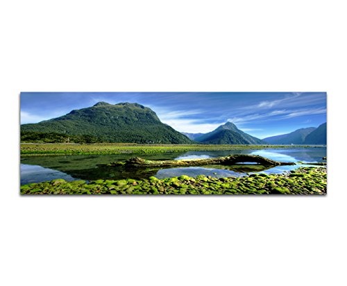 Paul Sinus Art Panoramabild auf Leinwand und Keilrahmen 150x50cm Neuseeland Berge Wasser Landschaft