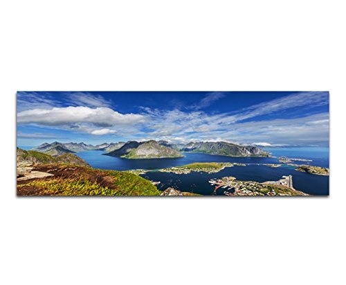 Paul Sinus Art Panoramabild auf Leinwand und Keilrahmen 120x40cm Norwegen Lofoten Berge Wasser Wolkenschleier