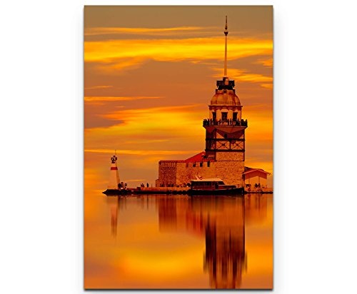 Paul Sinus Art Leinwandbilder | Bilder Leinwand 90x60cm Maiden Tower kiz kulesi in Istanbul Bei Sonnenuntergang